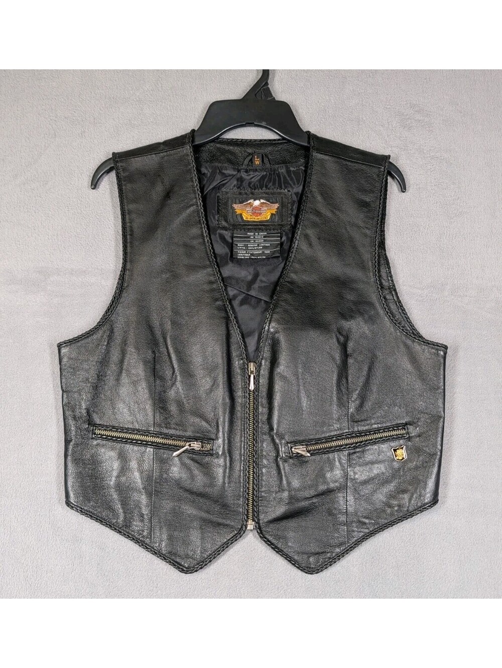 Vintage Harley Davidson Womens Large Black Leather Vest Zip Biker Motorcycle